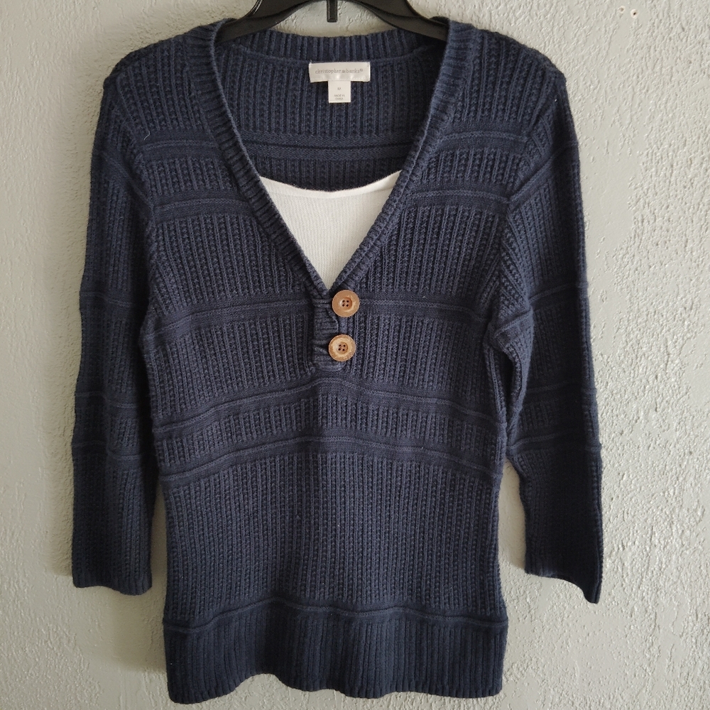 Navy V-Neck w/White Panel Long Sleeve Knit Y2K Sweater Christopher & Banks Sz M
